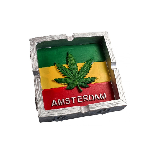 Cendrier en polyrésine - Carré - "Amsterdam - Rasta" - 10,50 x 10,50 cm